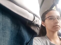 Nerd Girl Flashing Bulge in Bus